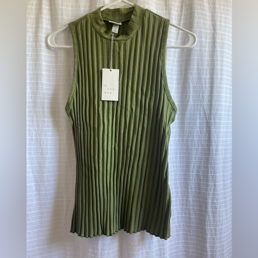 A New Day Green Rib Knit Tank Top High Neck Stretch